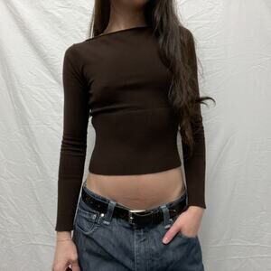 garage brown ribbed knit boatneck fitted sweater top